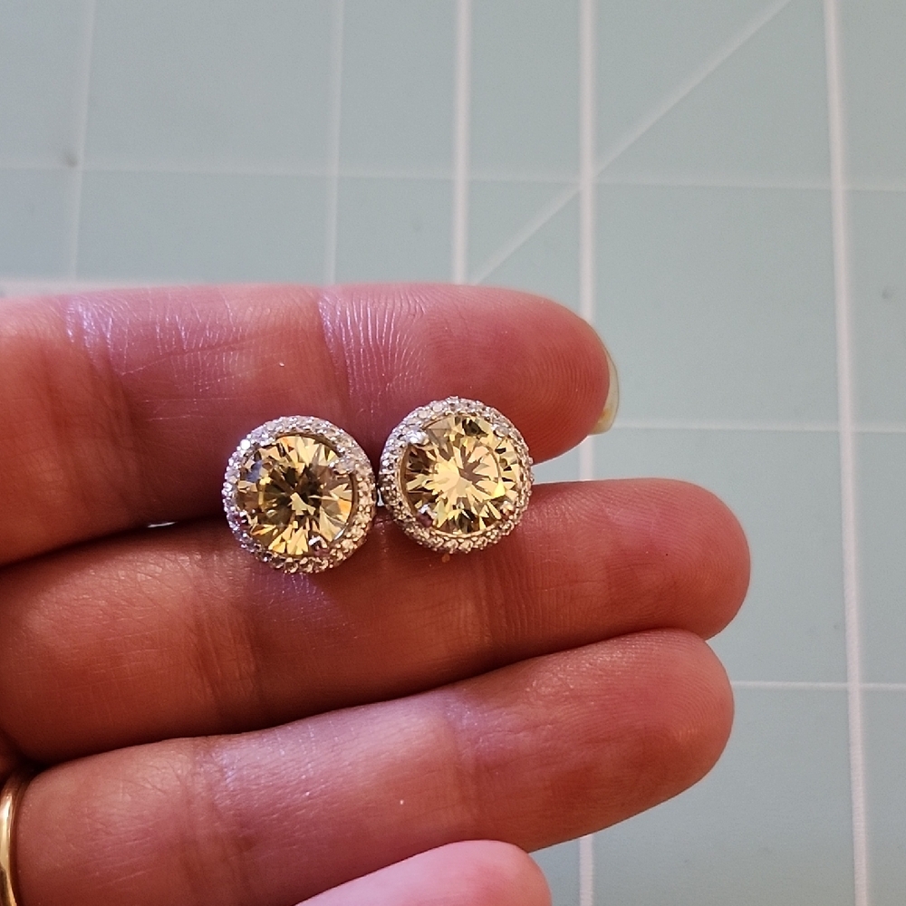 Nwt JTV Round Yellow Stone With Simulated Diamonds Sterling Silver Earrings